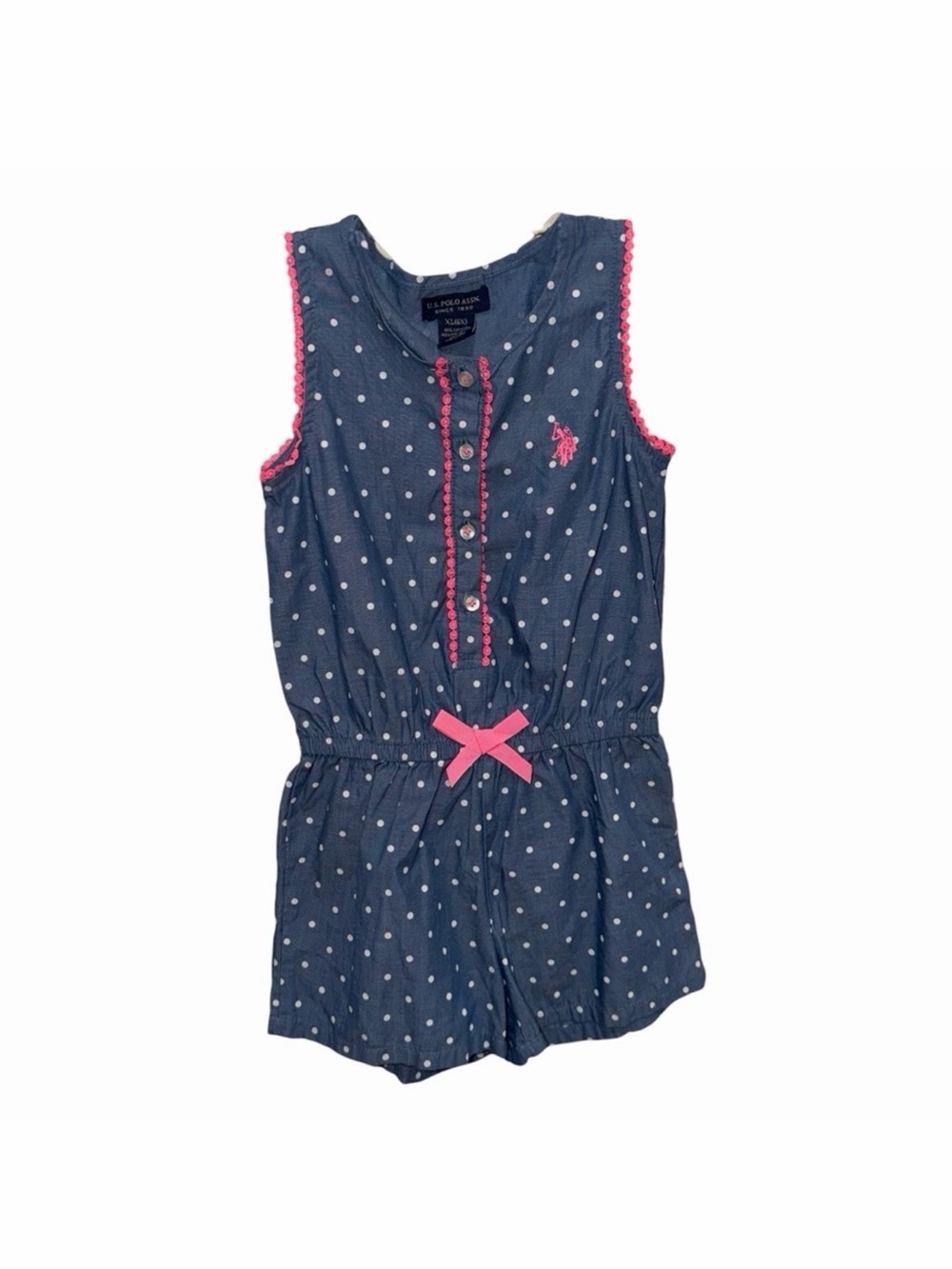 U.S. Polo Assn. Blue Polka Dot Romper with Pink Accents - 6X